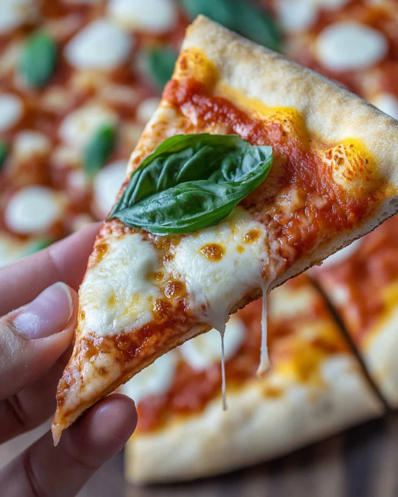 Close-up of a hand holding a thin slice of Margherita pizza with airy crust and melted mozzarella