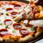 Hand pulling a slice of cheesy pepperoni pizza with melted mozzarella and crispy crust on a tray.