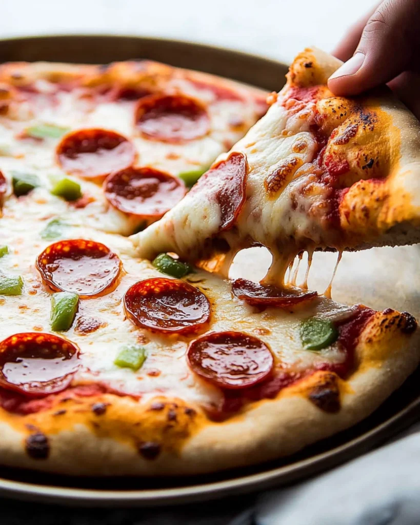Hand pulling a slice of cheesy pepperoni pizza with melted mozzarella and crispy crust on a tray.