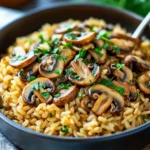 Close-up of mushroom rice pilaf with sliced mushrooms and fresh parsley in a dark bowl.