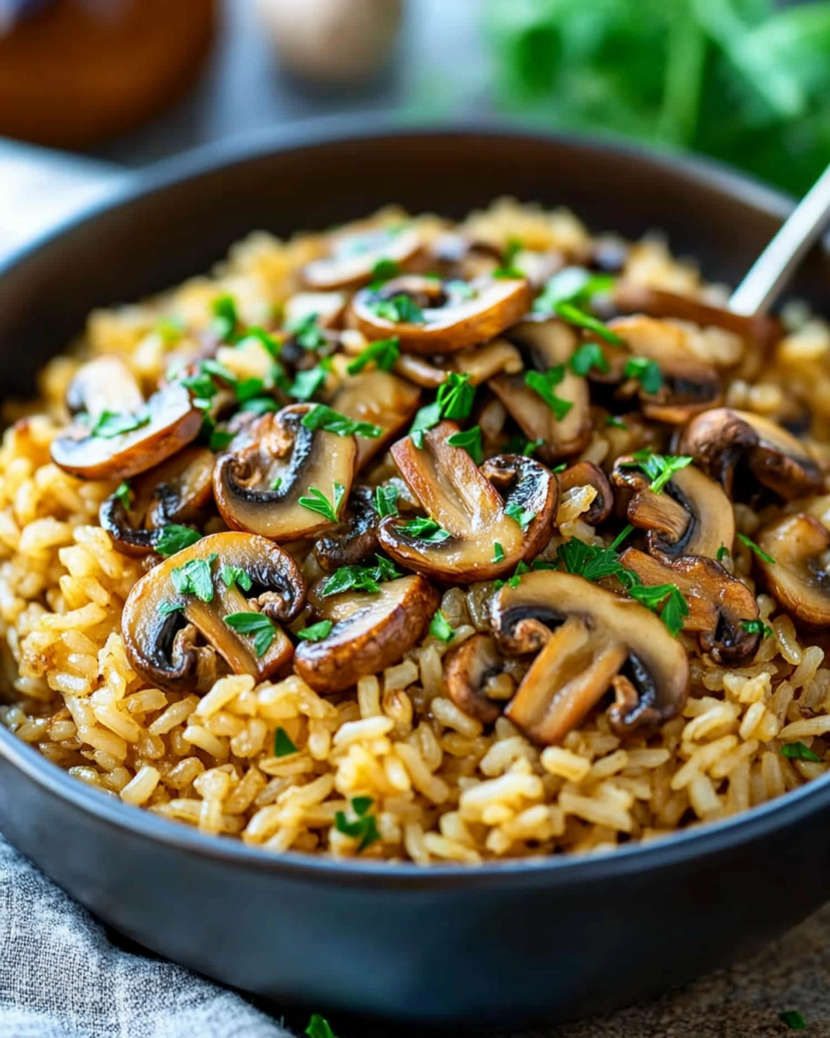 Close-up of mushroom rice pilaf with sliced mushrooms and fresh parsley in a dark bowl.