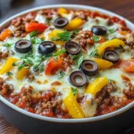 Low-carb crustless pizza bowl with melted cheese, bell peppers, olives, and beef