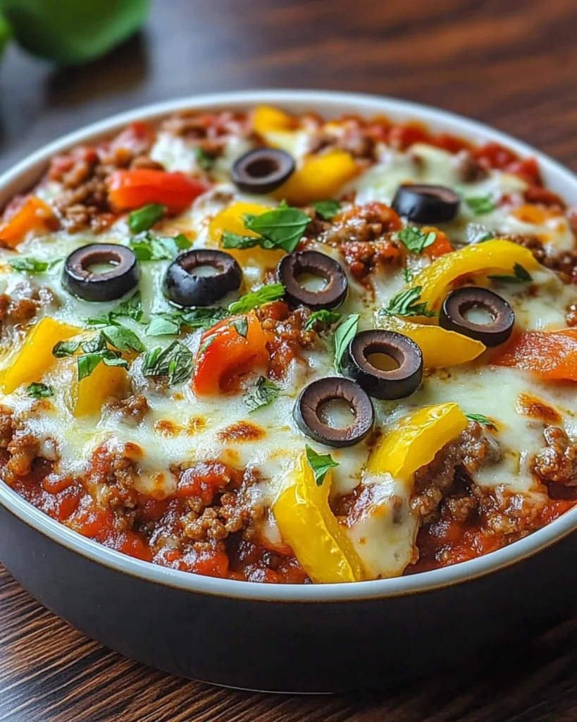 Low-carb crustless pizza bowl with melted cheese, bell peppers, olives, and beef