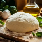 Fresh homemade pizza dough on a floured wooden board with basil and olive oil in a rustic kitchen setting.