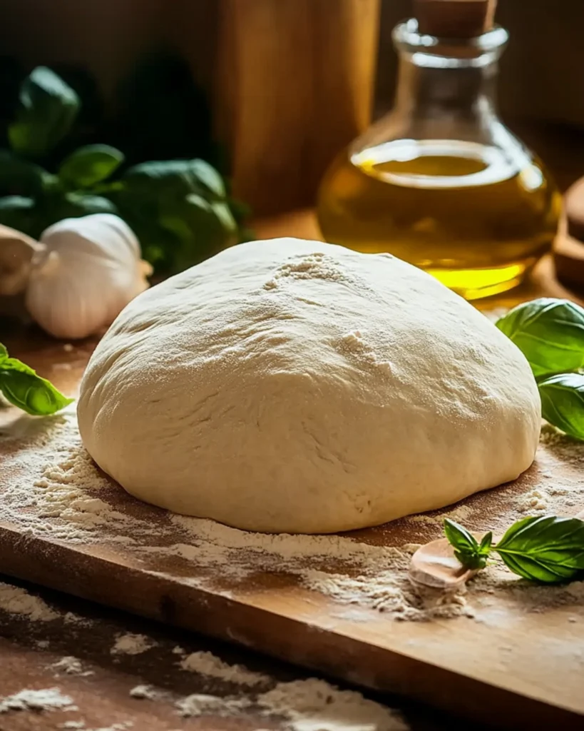 Fresh homemade pizza dough on a floured wooden board with basil and olive oil in a rustic kitchen setting.
