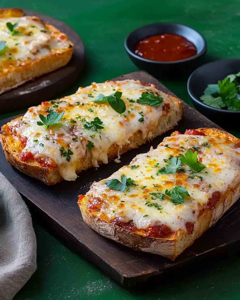 Four slices of French bread pizza with melted cheese and herbs on a wooden cutting board.