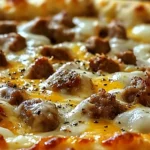 Full sausage breakfast pizza with melted cheese and parsley on a white plate.