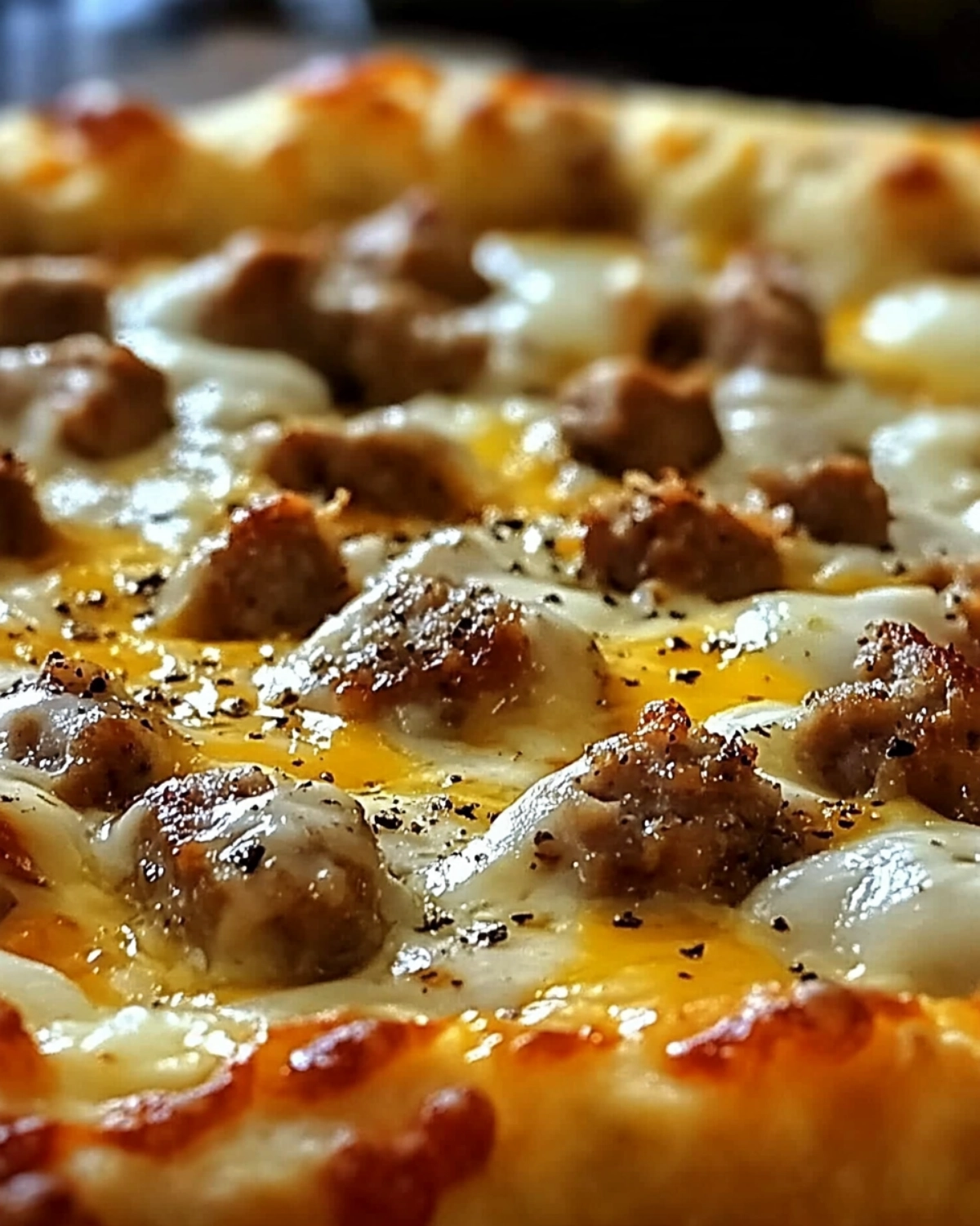 Full sausage breakfast pizza with melted cheese and parsley on a white plate.