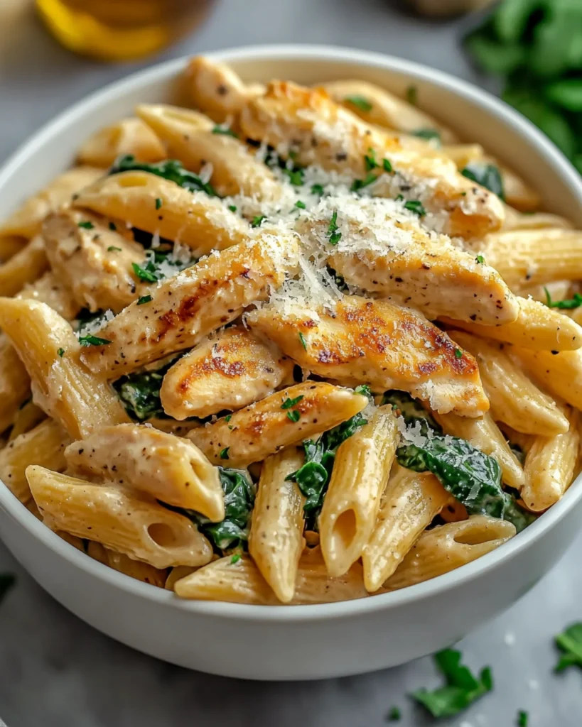Bowl of creamy garlic parmesan chicken penne pasta with spinach and parmesan garnish.