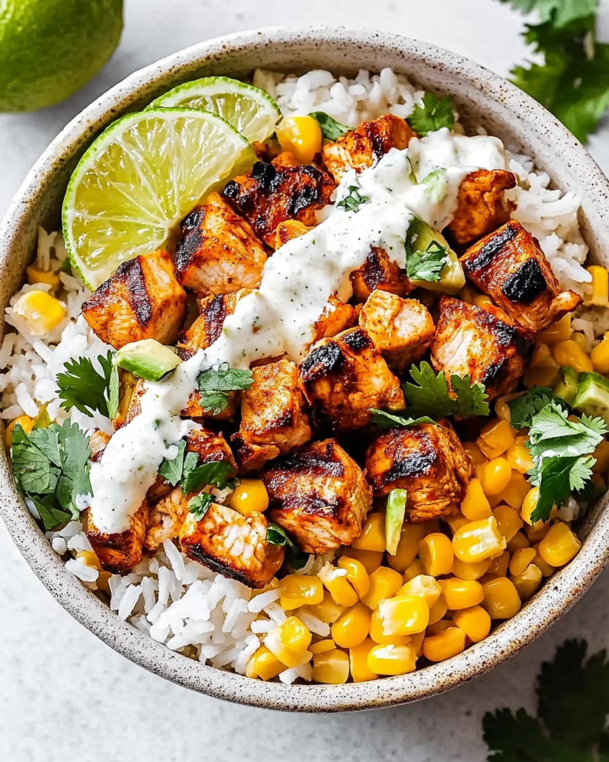 Healthy grilled chicken burrito bowl with corn, avocado, cilantro, and rice topped with creamy dressing