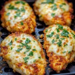 Crispy air fryer chicken breasts with melted cheese and parsley garnish in a non-stick basket
