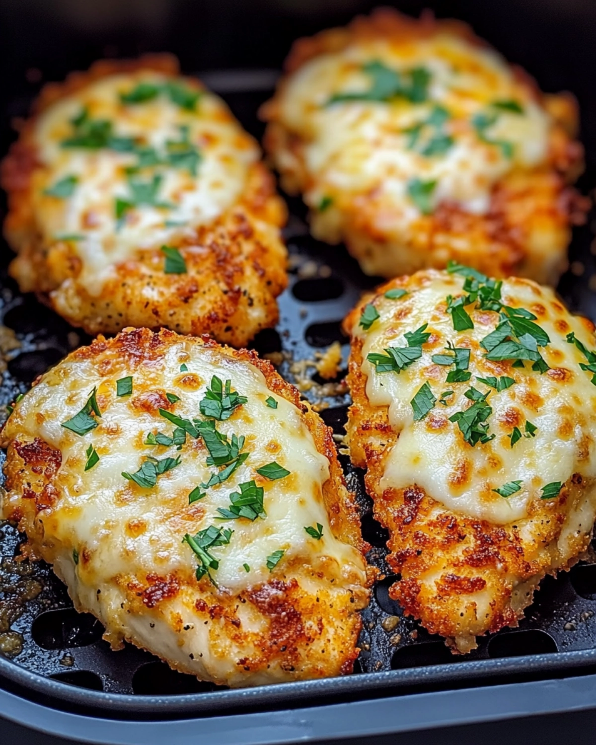 Crispy air fryer chicken breasts with melted cheese and parsley garnish in a non-stick basket