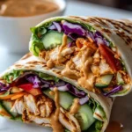 Pulled chicken wrap with vibrant vegetables and creamy sauce on a white marble surface.