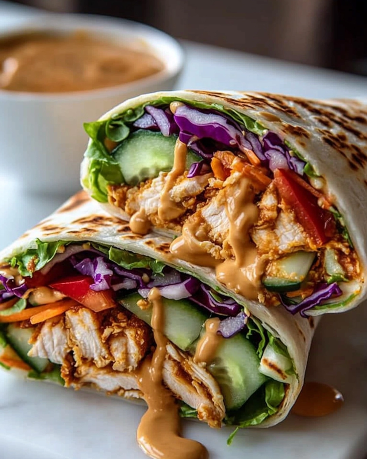 Pulled chicken wrap with vibrant vegetables and creamy sauce on a white marble surface.