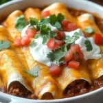 Cheesy beef enchiladas with red sauce, sour cream, cilantro, and diced tomatoes in a white baking dish.
