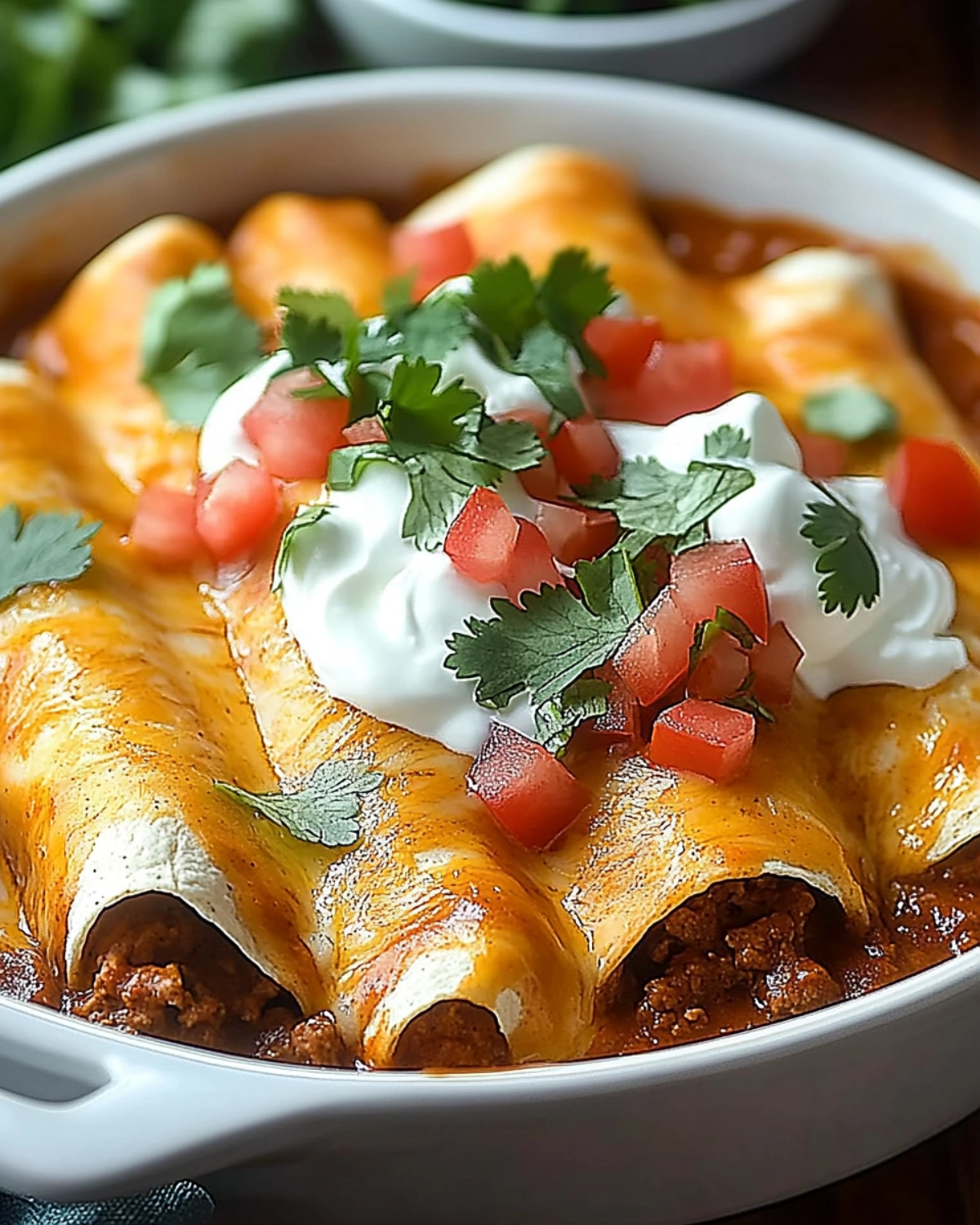 Cheesy beef enchiladas with red sauce, sour cream, cilantro, and diced tomatoes in a white baking dish.