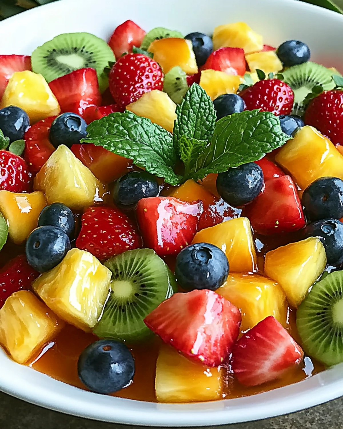 Colorful summer fruit salad with pineapple, watermelon, strawberries, kiwi, blueberries, and mint in a white bowl.