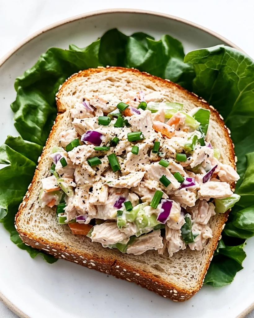 Open-faced tuna salad sandwich on whole wheat bread with fresh herbs and lettuce