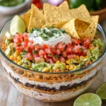 Layered taco salad in a glass bowl with tortilla chips, pico de gallo, and lime wedges.