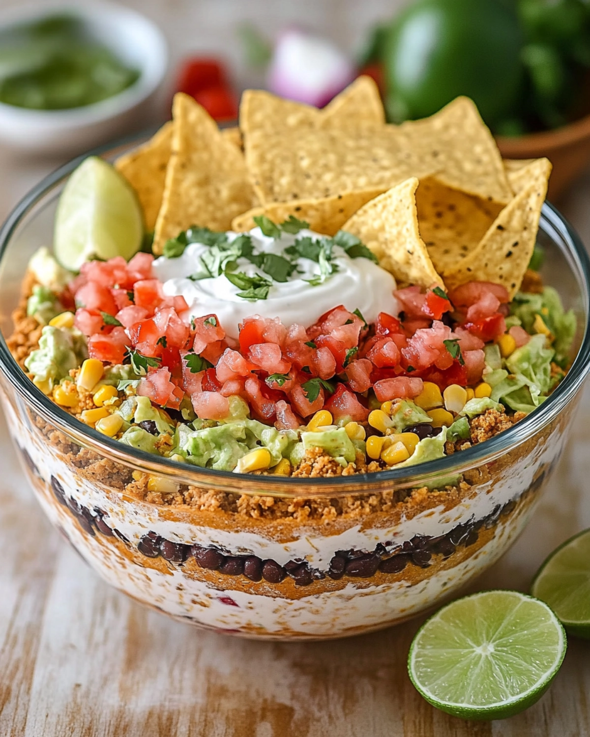 Layered taco salad in a glass bowl with tortilla chips, pico de gallo, and lime wedges.