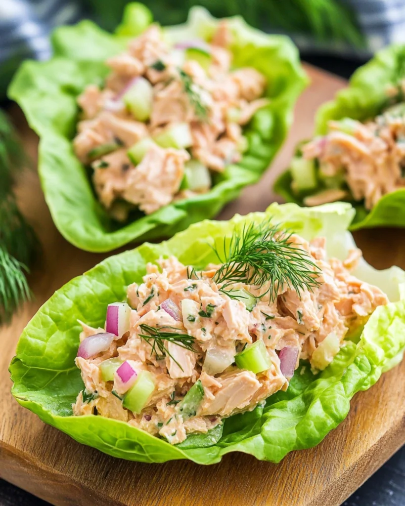 Tuna salad lettuce wraps filled with creamy tuna, red onion, celery, and fresh dill on a wooden board