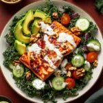 Honey glazed salmon salad with kale, avocado, walnuts, and creamy dressing.