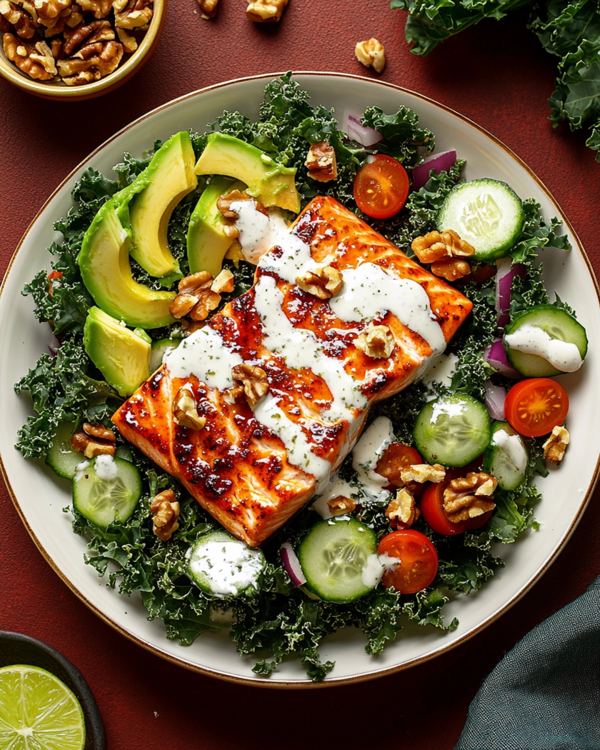 Honey glazed salmon salad with kale, avocado, walnuts, and creamy dressing.