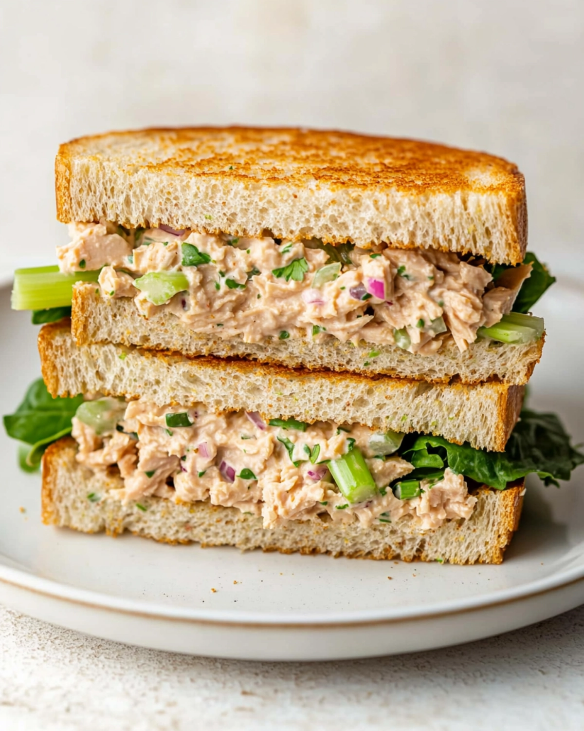 Close-up image of a creamy tuna salad sandwich with lettuce on whole wheat bread, served on a white plate.