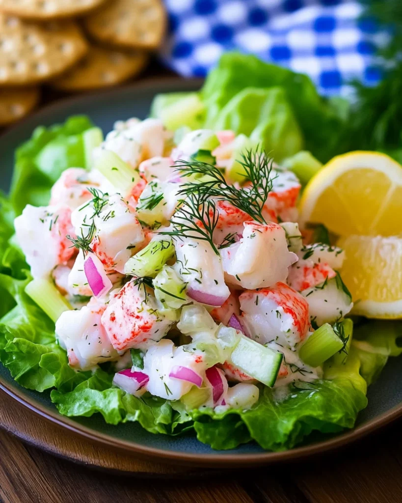 Imitation crab salad served on butter lettuce with lemon wedges and fresh dill