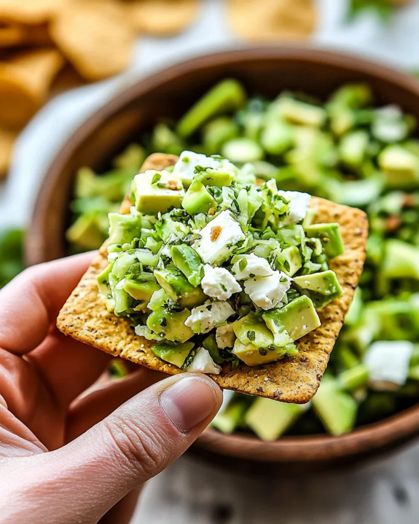 Hand holding a cracker topped with chopped avocado and feta green salad