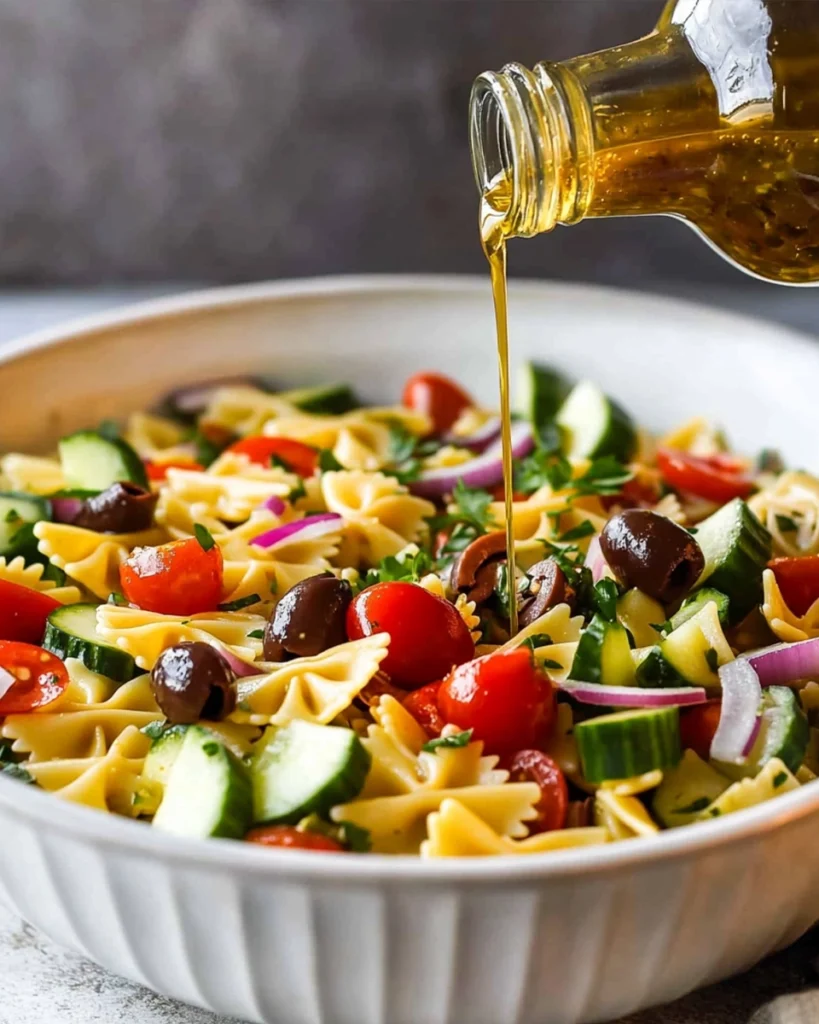 Italian pasta salad with vinaigrette being poured over bowtie pasta and fresh vegetables.