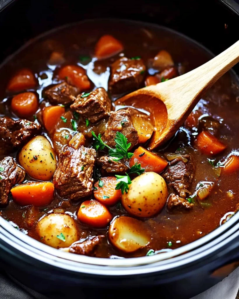 Slow cooker beef stew with carrots, potatoes, mushrooms, and parsley being stirred with a wooden spoon