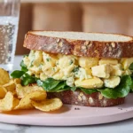 Egg salad sandwich on whole grain bread with chips and sparkling water on a pink plate