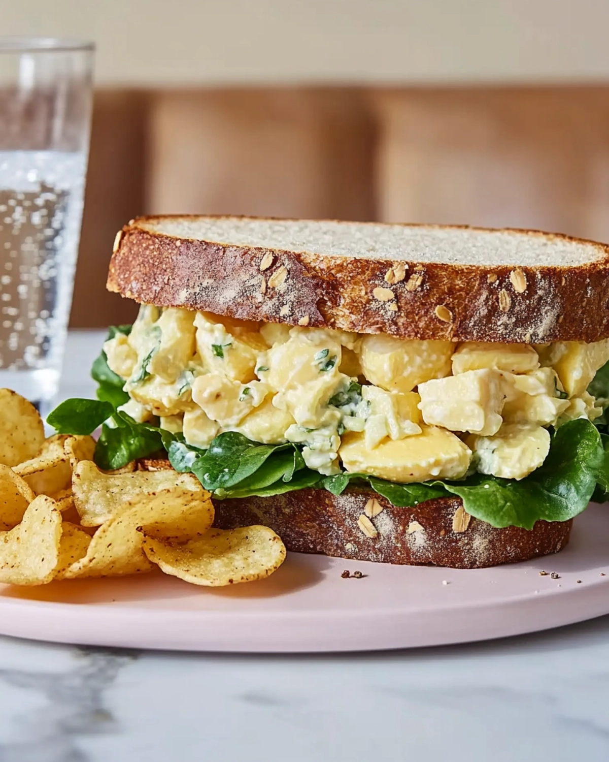 Egg salad sandwich on whole grain bread with chips and sparkling water on a pink plate