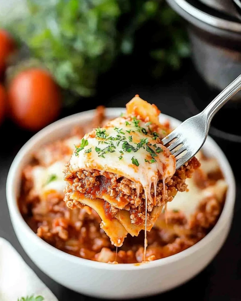 Fork lifting cheesy lasagna from a white bowl with rich meat sauce and herbs
