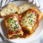 Close-up of cheesy manicotti pasta served with rustic bread on a white plate