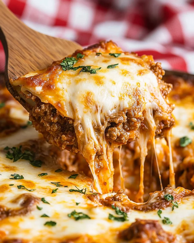 Top-down view of a cheesy homemade lasagna slice being lifted from a casserole dish, loaded with meat sauce and melted mozzarella.