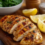 Grilled chicken breast with lemon wedges on a wooden cutting board.