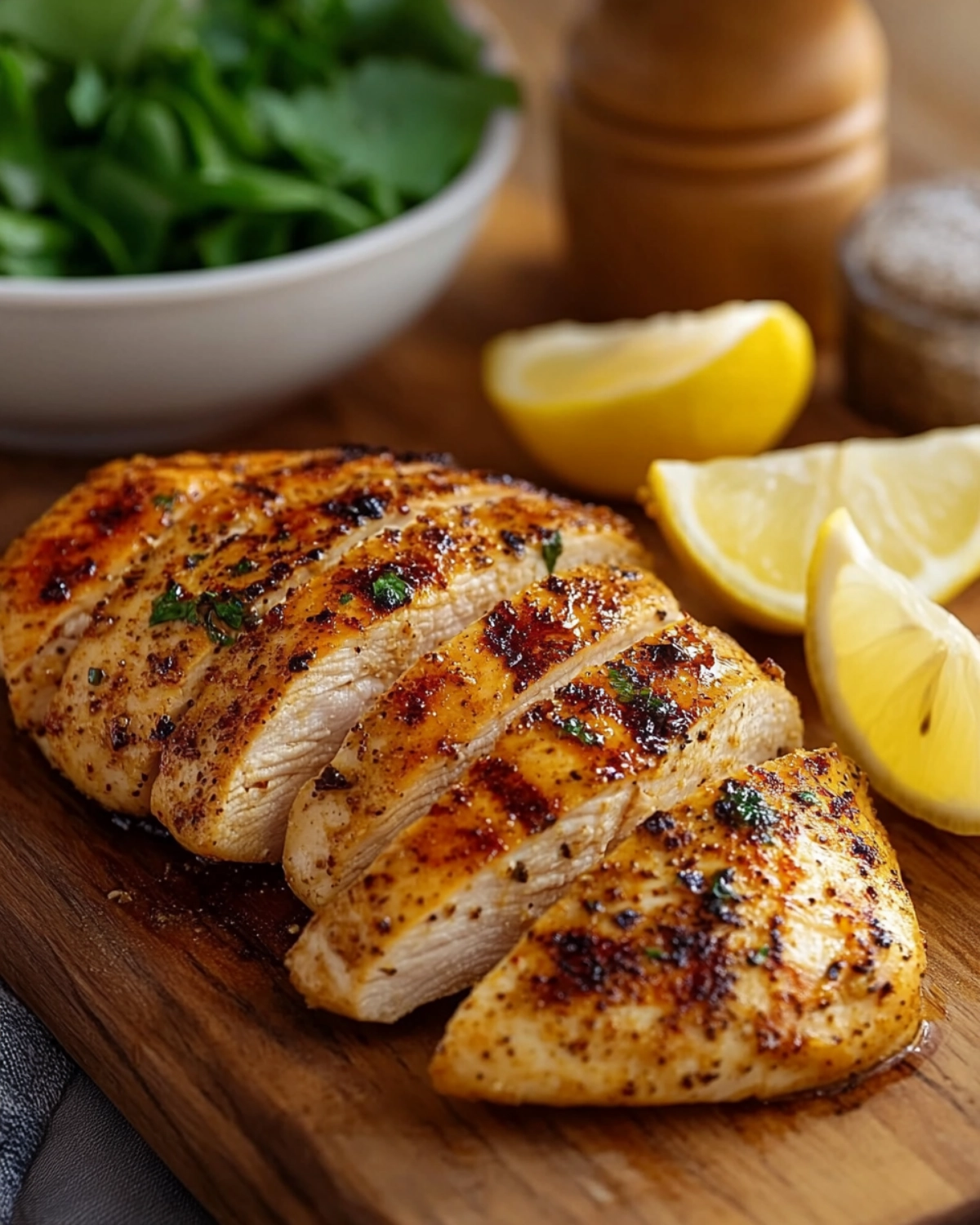 Grilled chicken breast with lemon wedges on a wooden cutting board.