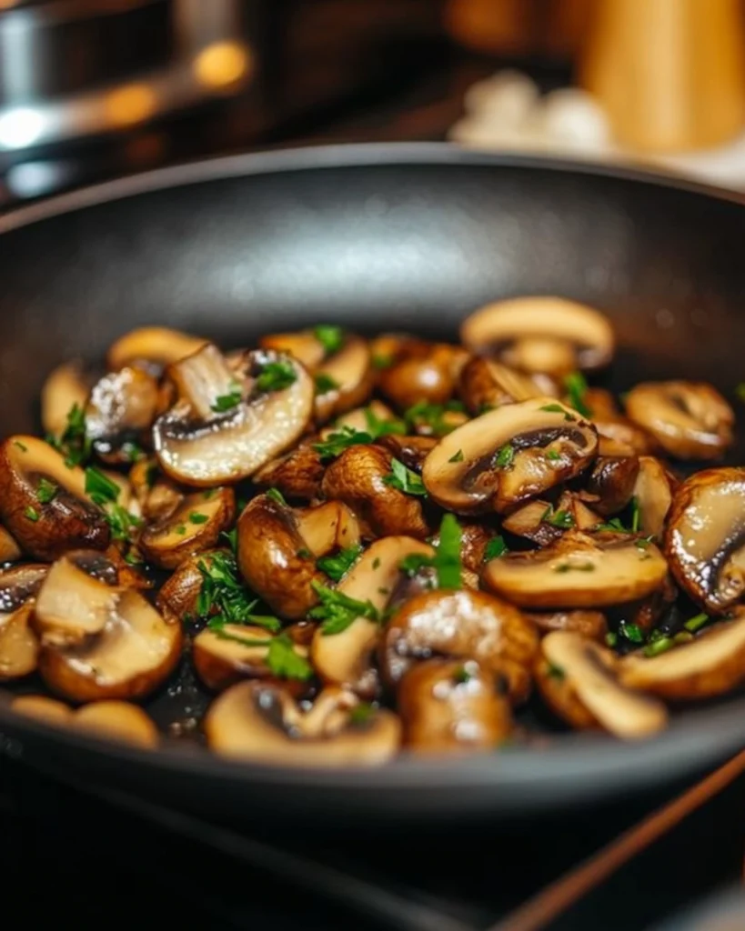 Sautéed mushrooms in a pan with fresh parsley in a cozy kitchen setting.