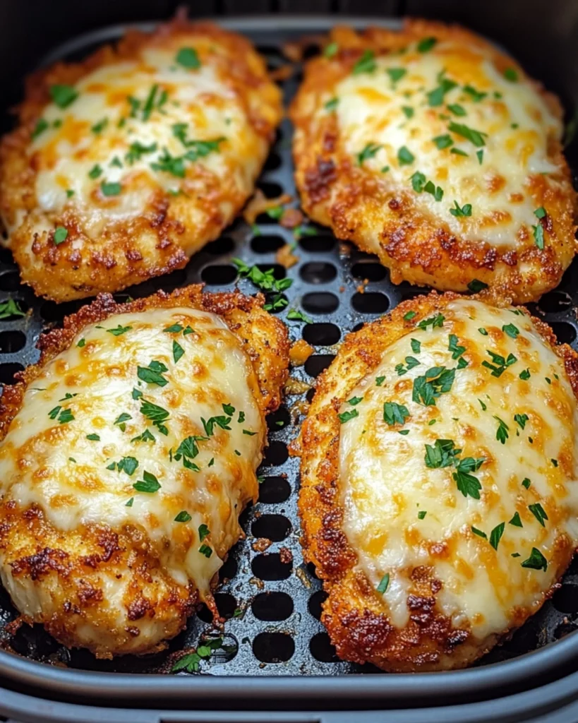 Air fryer chicken breasts with crispy coating, melted cheese, and parsley garnish in a black basket