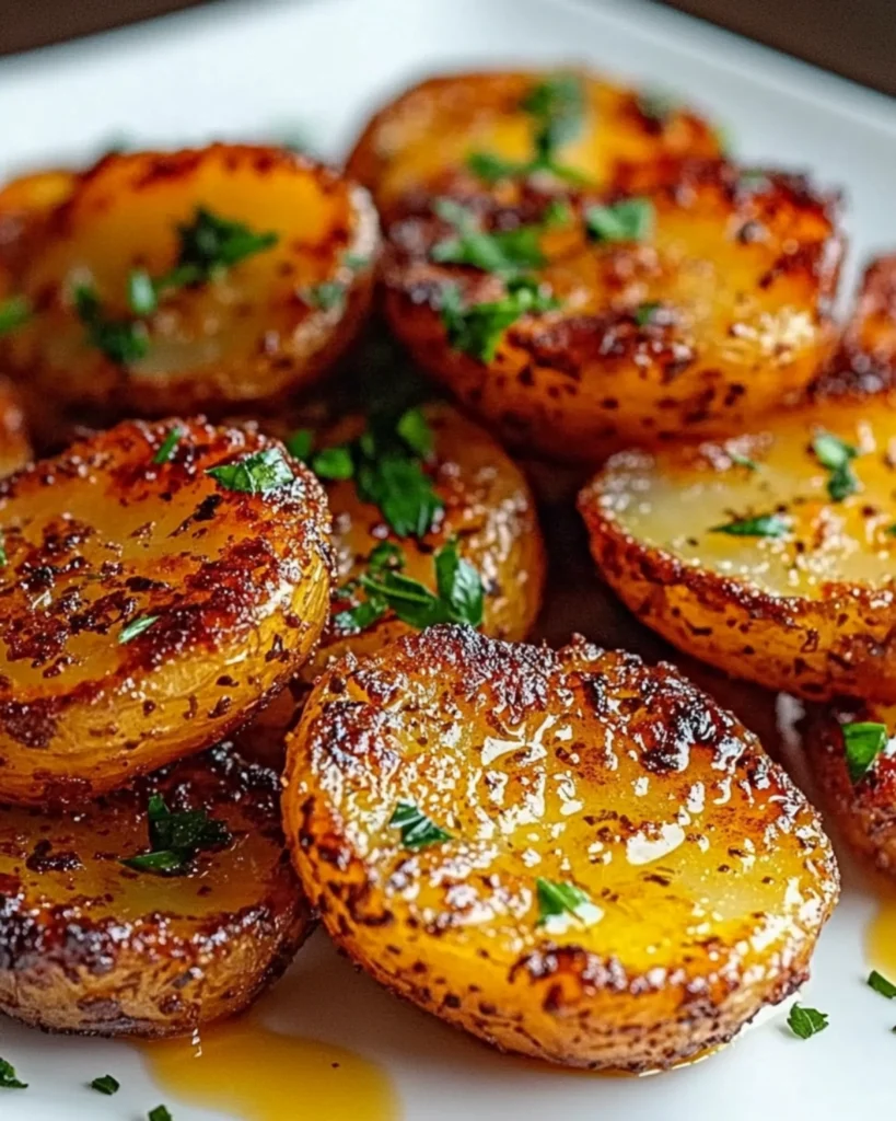 Close-up image of crispy roasted baby potatoes garnished with herbs and spices on a white plate.