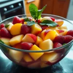 Fresh summer fruit salad with strawberries, peaches, nectarines, apples, and mint leaves in a glass bowl on a kitchen counter.