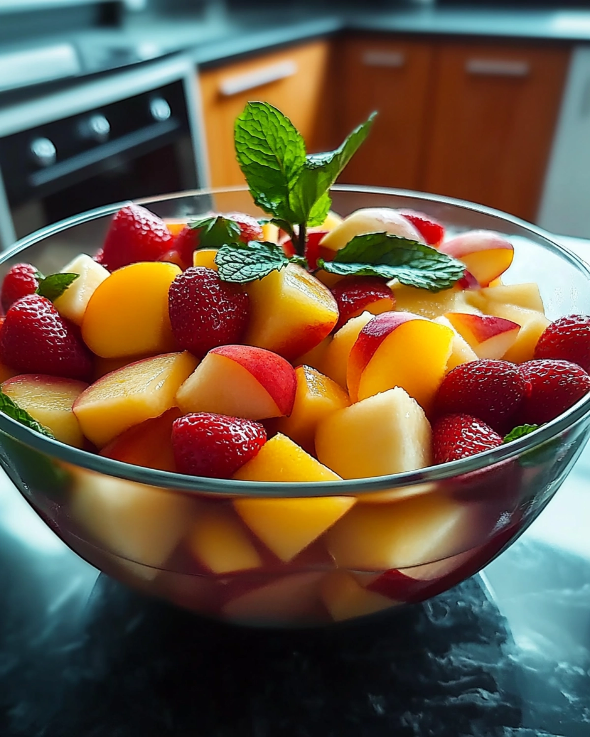 Fresh summer fruit salad with strawberries, peaches, nectarines, apples, and mint leaves in a glass bowl on a kitchen counter.