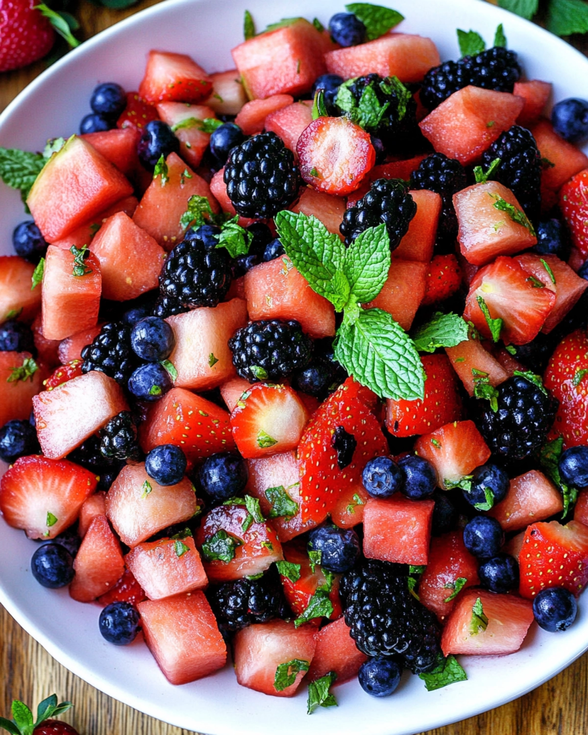Colorful summer fruit salad with watermelon, strawberries, blueberries, and blackberries garnished with mint in a white bowl.