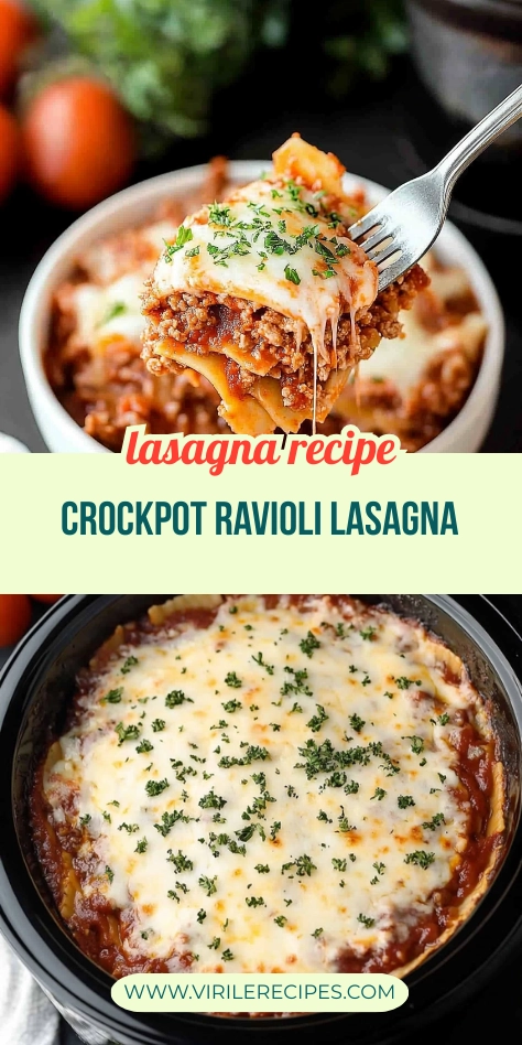 Crockpot ravioli lasagna with melted cheese, meaty sauce, and parsley garnish served in a bowl and slow cooker