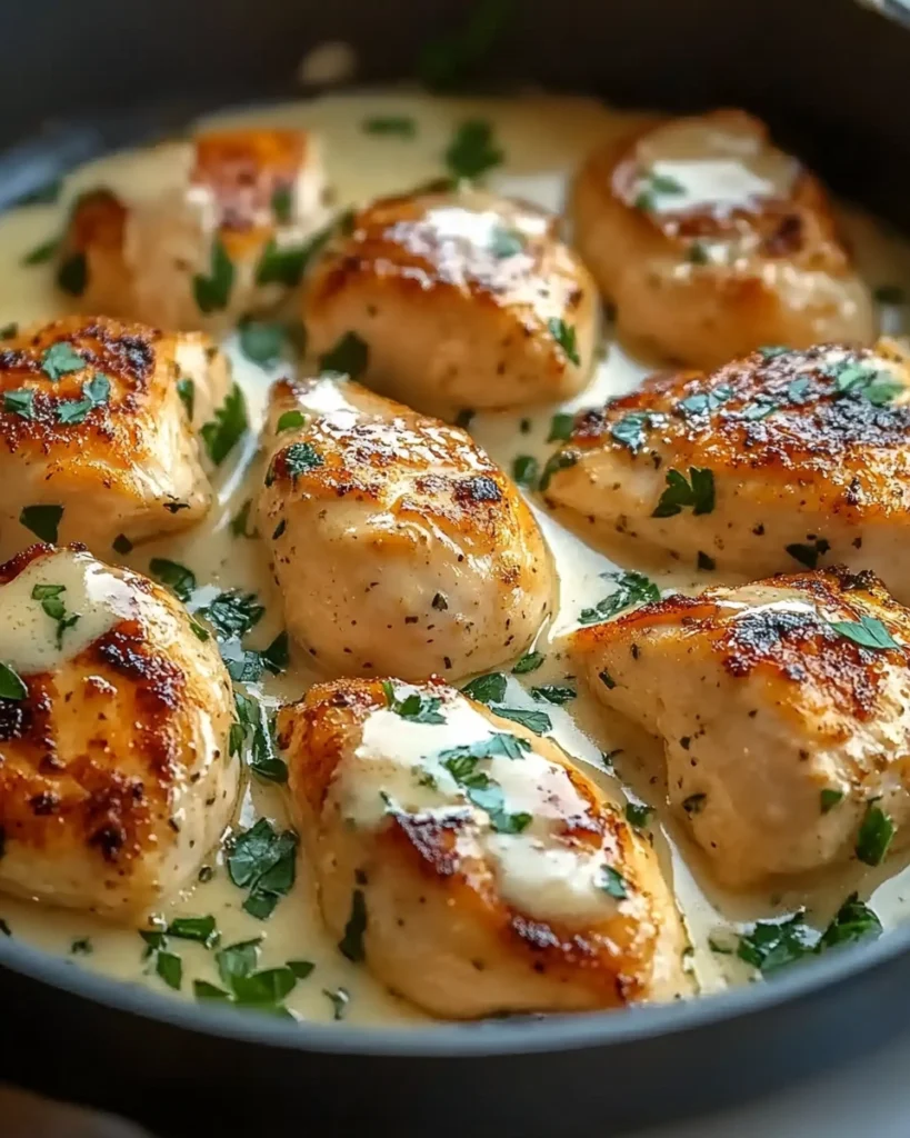 Creamy garlic chicken breasts simmering in a rich sauce with parsley garnish in a skillet