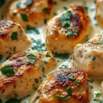 Close-up of creamy garlic chicken with golden seared crust and fresh parsley in a skillet