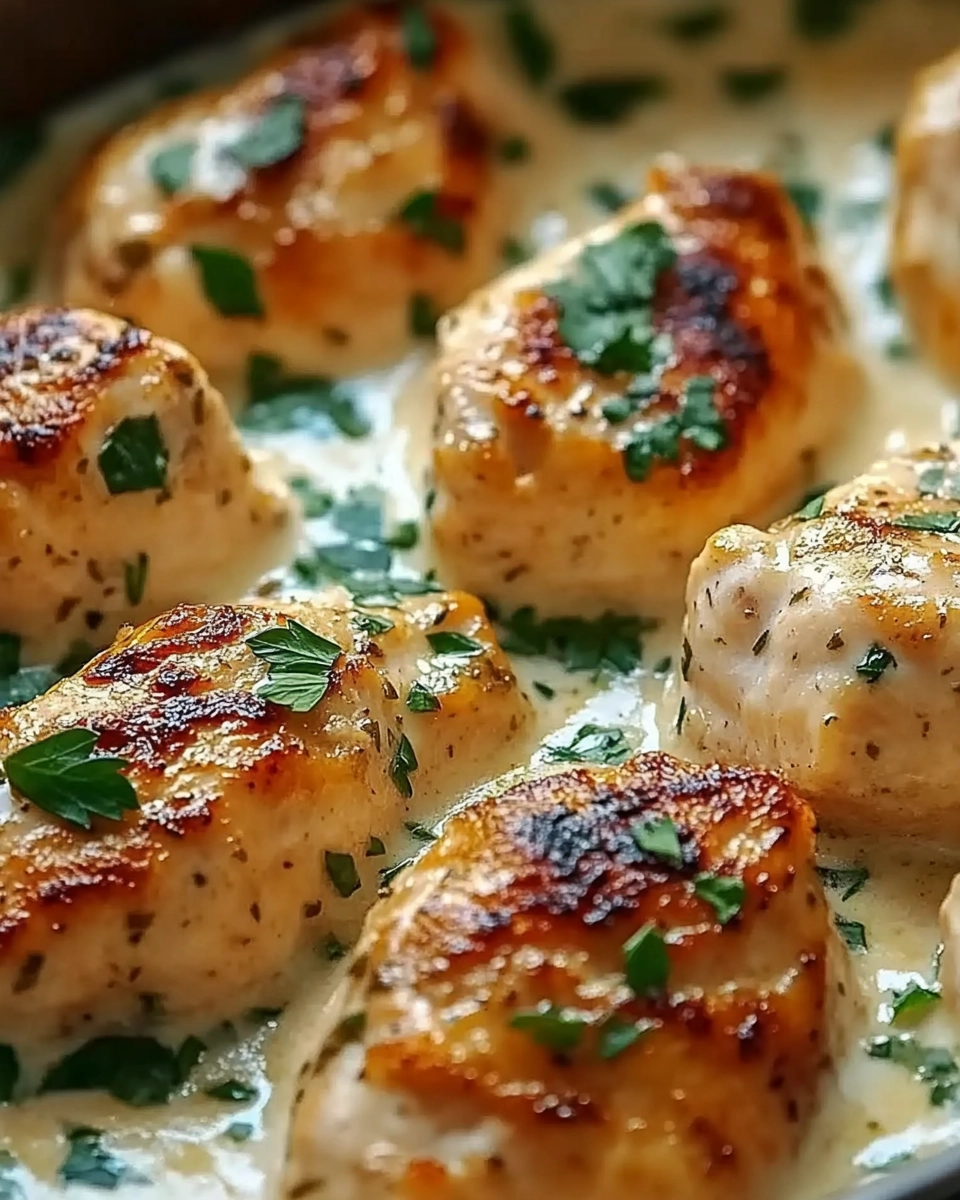 Close-up of creamy garlic chicken with golden seared crust and fresh parsley in a skillet
