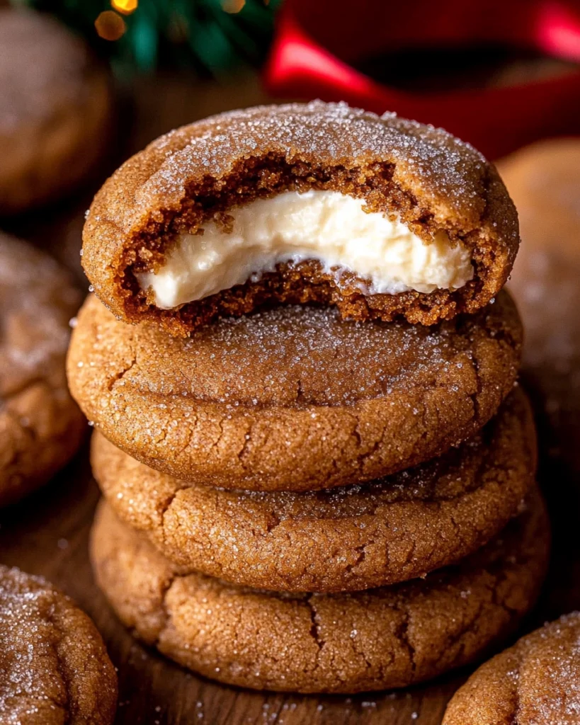 Stack of chewy molasses cookies with cheesecake filling and festive ribbon